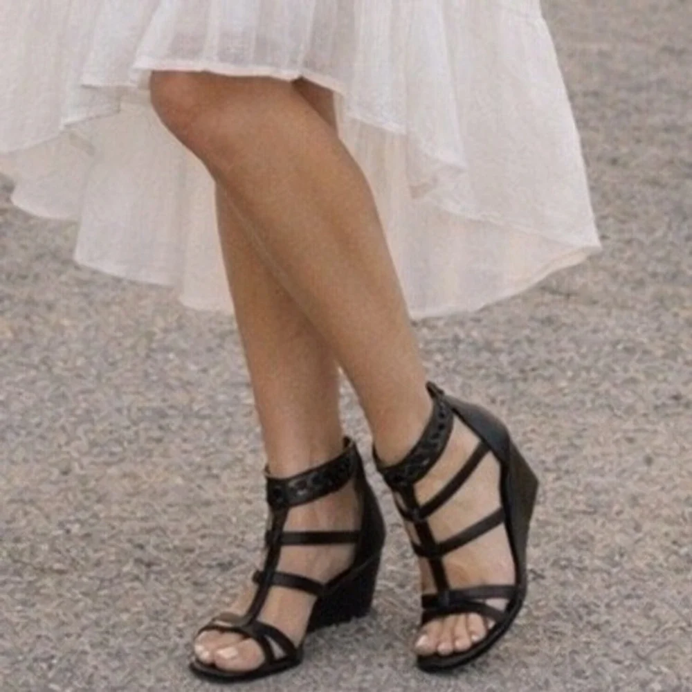 Lauren Ralph Lauren Meira Black Leather Strappy Wedge Sandals Braided Ankle 8.5B